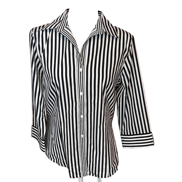 Foxcroft Tops - Foxcroft Black and White Striped Wrinkle Free Fitted Women's Cotton Top 8
